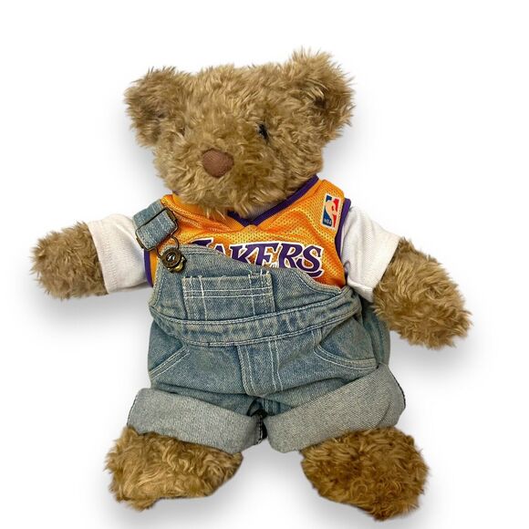 Build A Bear Curly Teddy Bear Brown Paws Vintage Retired Lakers Tank Overall 14" - Picture 15 of 15